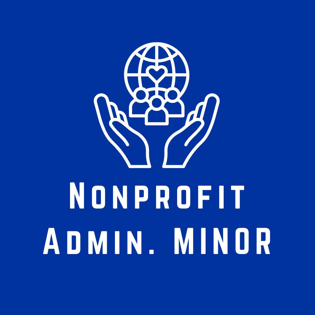 blue logo for minor in nonprofit administration, image of globe, people, held by hands that reads "nonprofit admin minor"